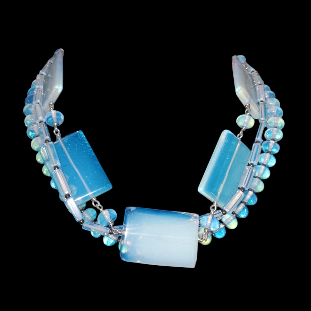Vintage Statement Jewelry 3 Strand Opalite Glass and silver Necklace